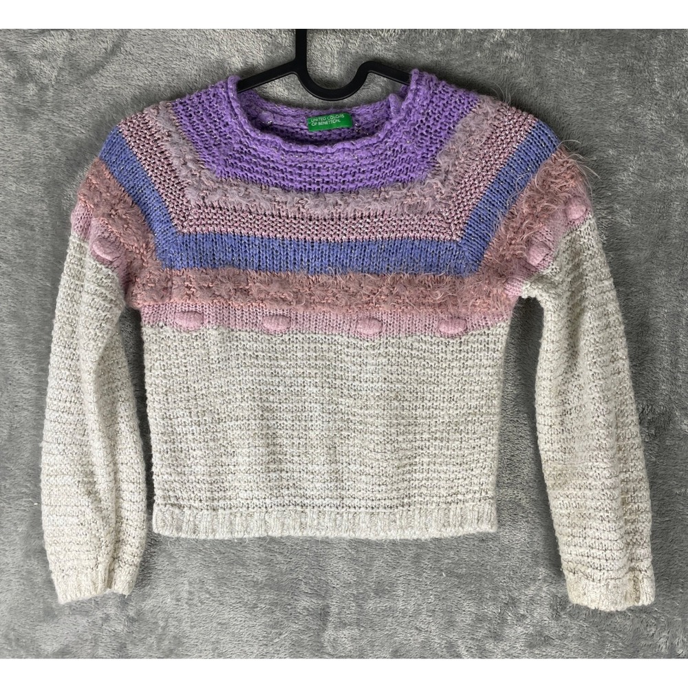 Benetton Sweater Girls 4-5Y Multi Very Good Metallic Knit Bobble Pullover